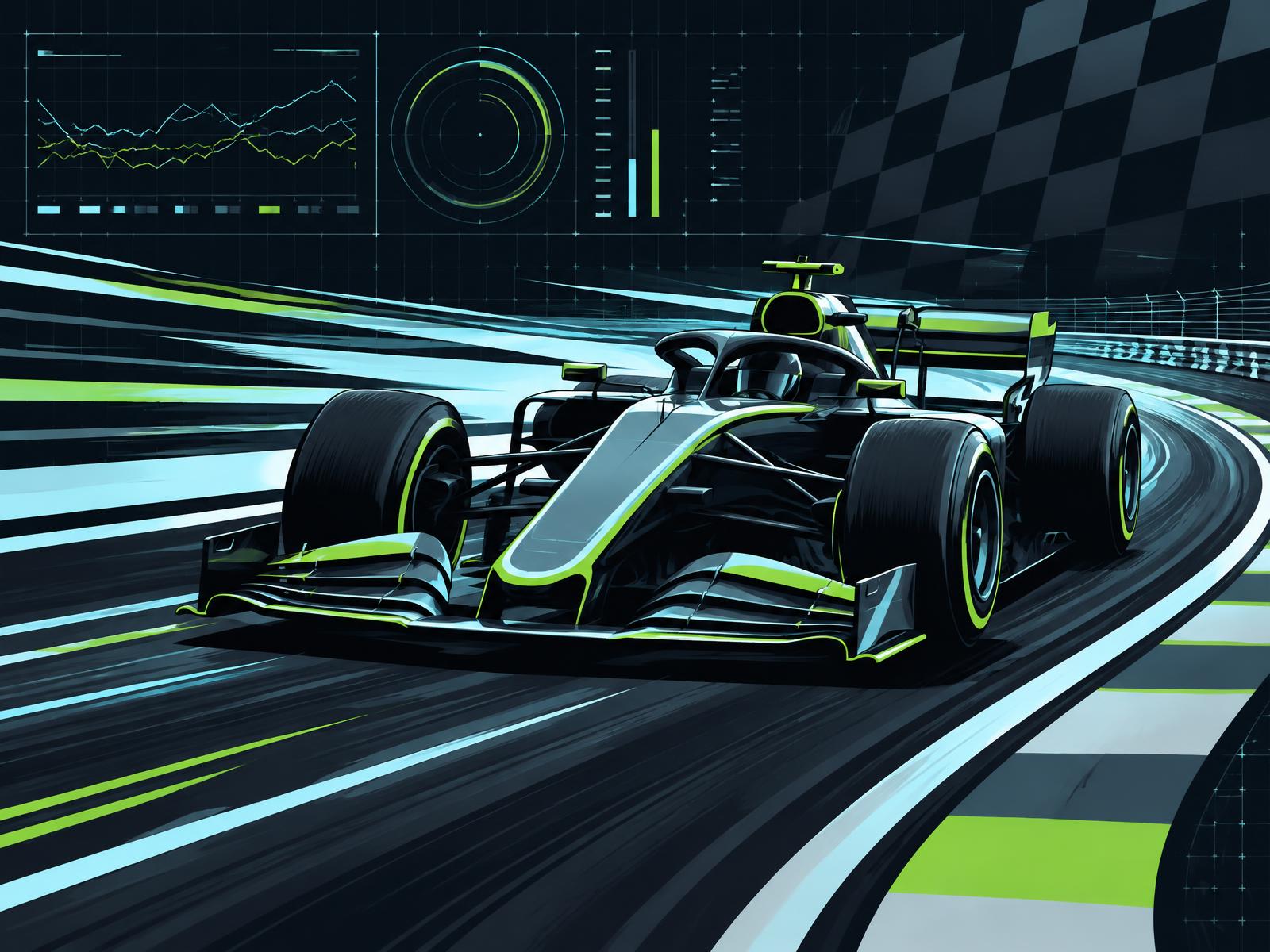 Ilustración de un auto de carrera genérico sobre un circuito con gráficos de telemetría